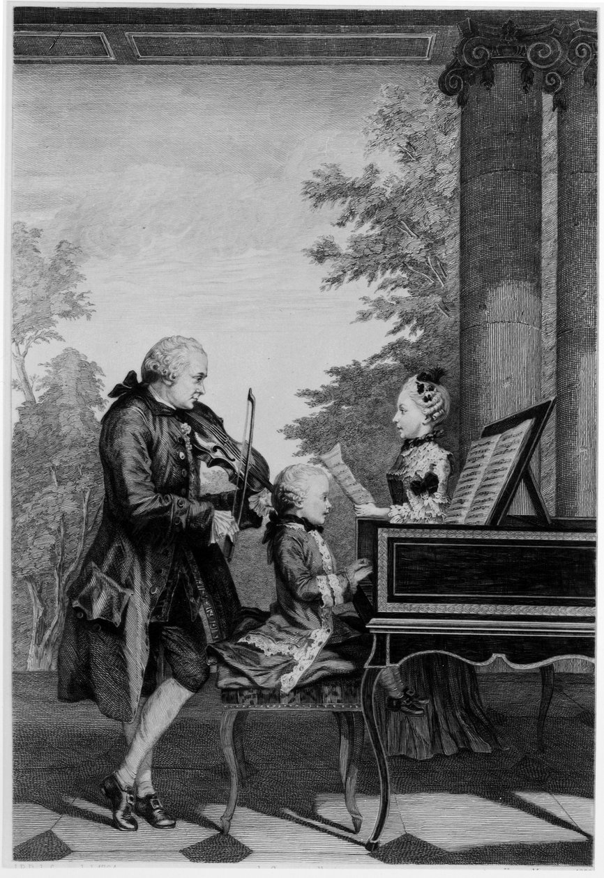 Leopold Mozart (1719-1787) e seus dois filhos, Wolfgang Amadeus (1756-91) e Maria-Anna (Nannerl) (1751-1829) de Louis Carrogis dit Carmontelle
