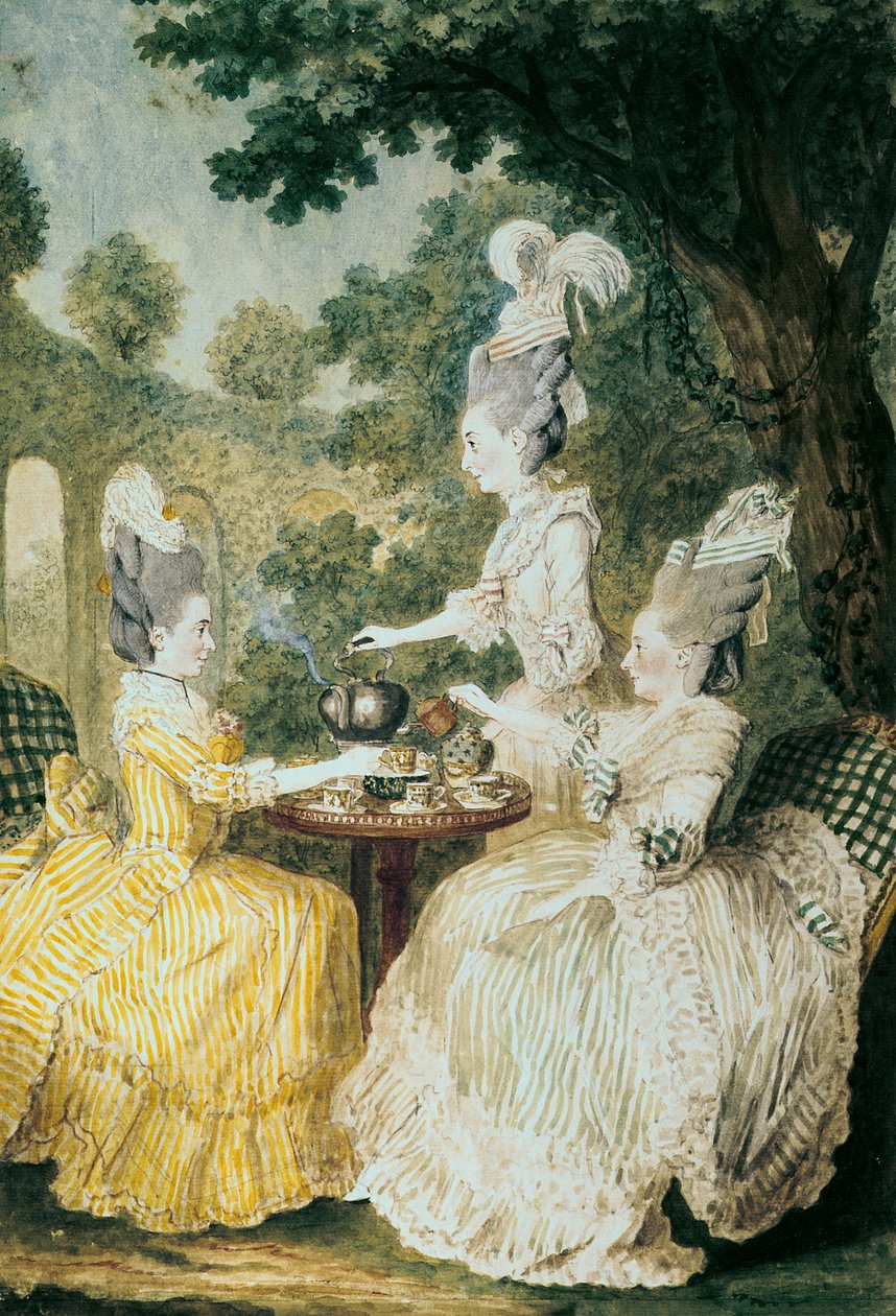 A Marquesa de Montesson, A Marquesa de Crista e a Condessa de Damasco tomando chá (aguarela sobre papel) de Louis Carrogis dit Carmontelle
