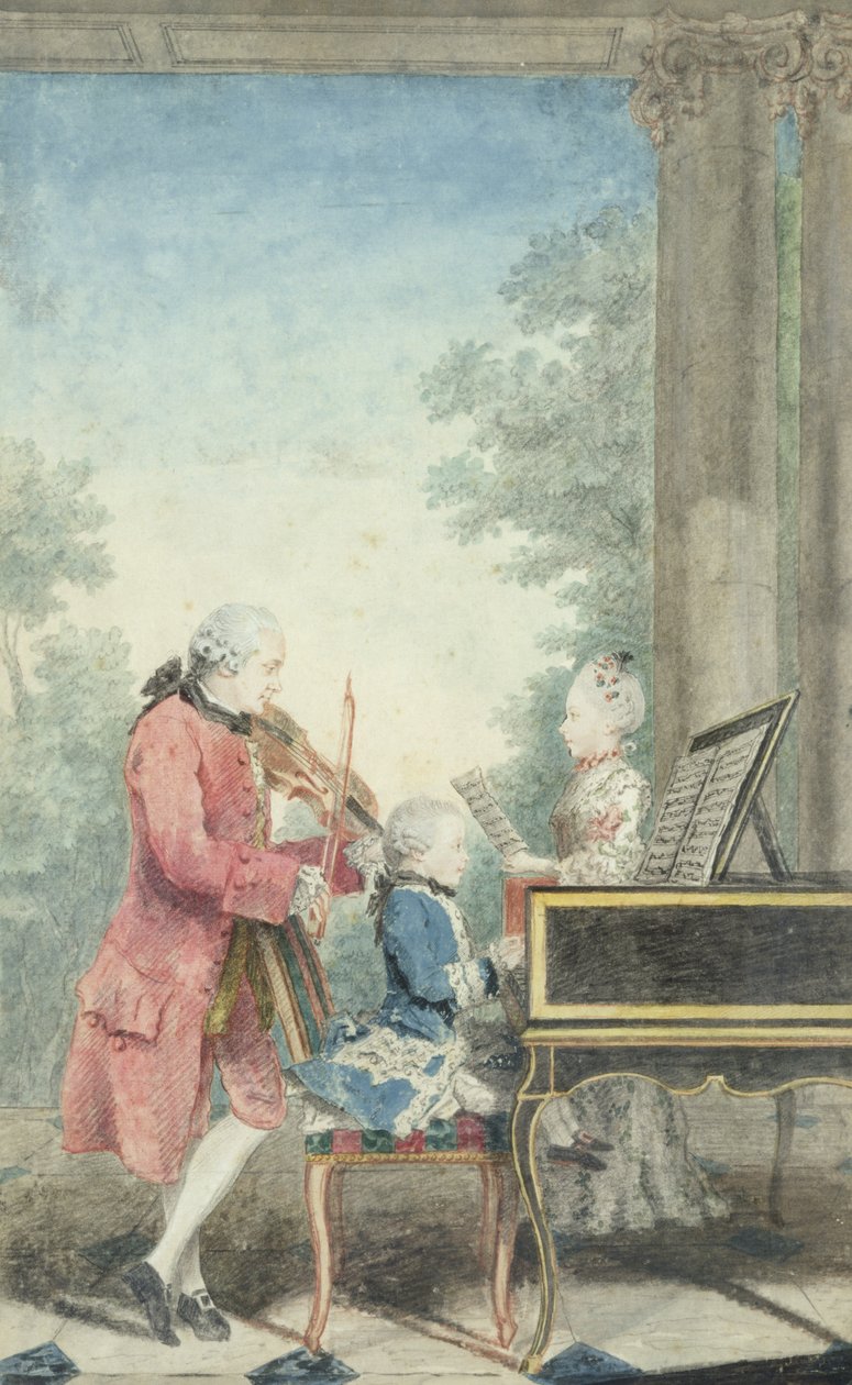 Leopold Mozart (1719-1787) e seus filhos Wolfgang Amadeus (1756-91) e Maria Anna (1751-1829) 1777 de Louis Carrogis dit Carmontelle