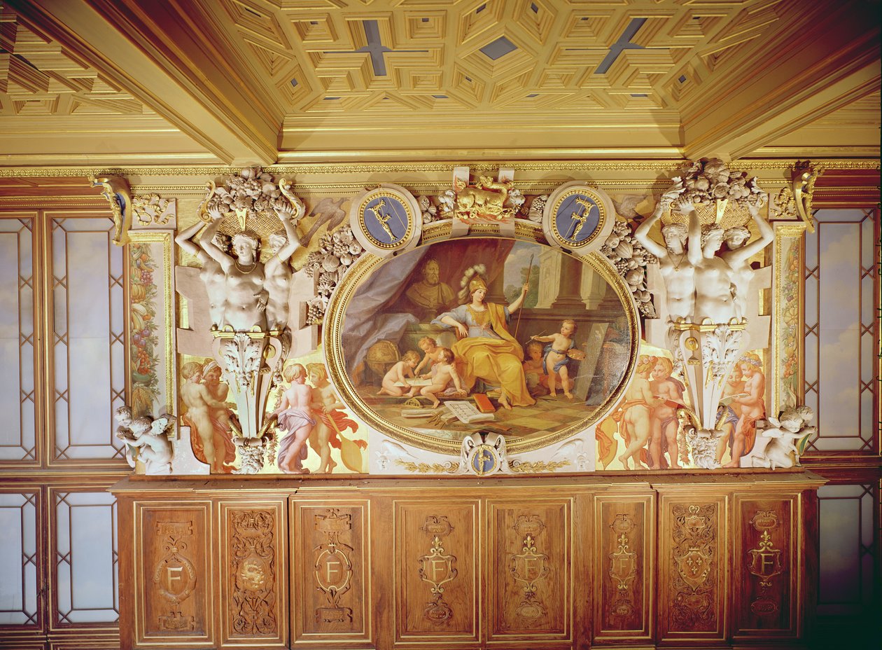 Galerie François I, Afresco retratando &39;La Nymphe de Fontainebleau&39; (stuccoed, parte do teto e madeira visível), depois de Rosso Fiorentino, Giovanni Battista (1494-1540), 1860 (afresco, estuque e de Louis Charles Auguste Couder