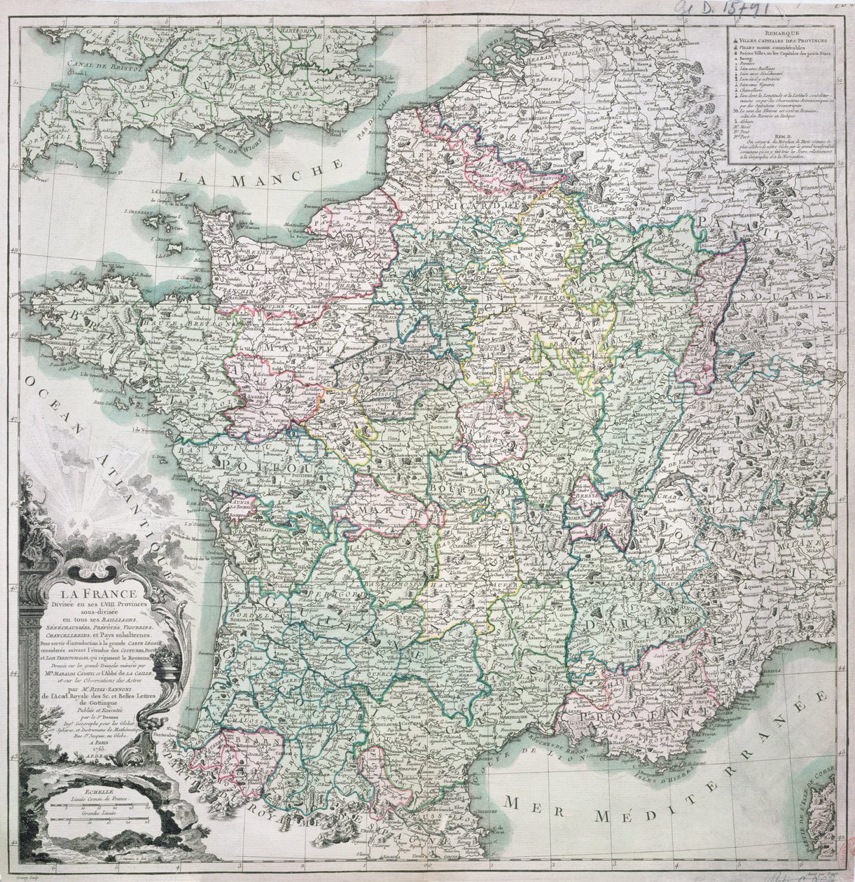 Mapa, de, frança, como, dividido, em, 58, províncias, 1765 de Louis Charles Desnos