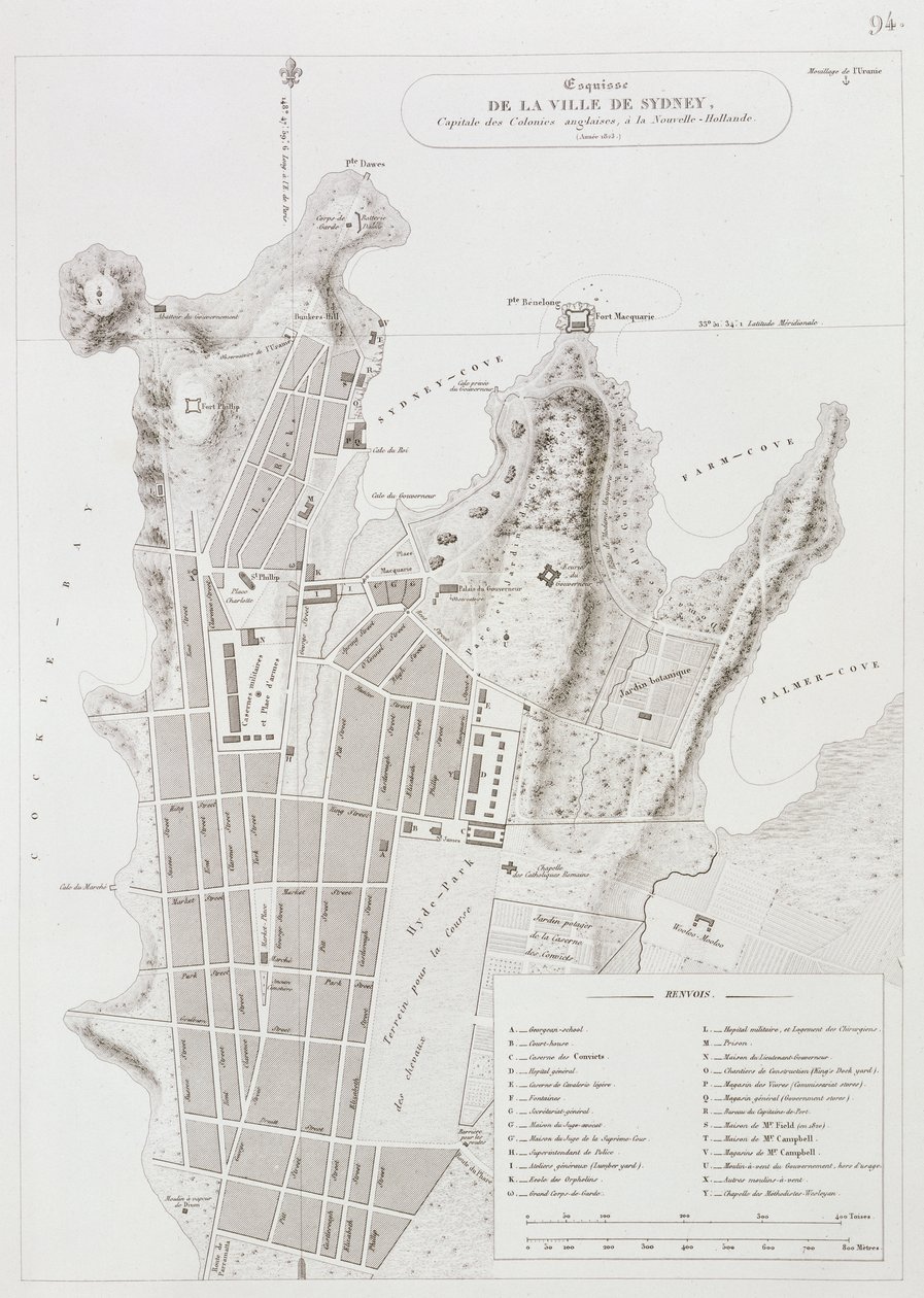 Mapa da cidade de Sydney, de todo o mundo viagens (1817-20), publicado em 1822-24 de Louis Claude Desaulses de Freycinet
