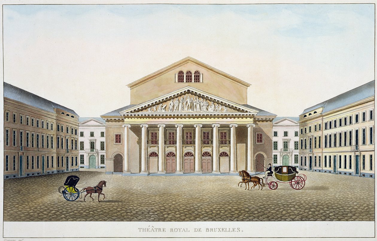 Theatre Royal, Bruxelas, da escolha dos monumentos, edifícios e casas mais proeminentes do Reino dos Países Baixos por Pierre Jacques Goetghebuer, gravado pelo autor, publicado em 1827 (aquatint) de Louis Damesme