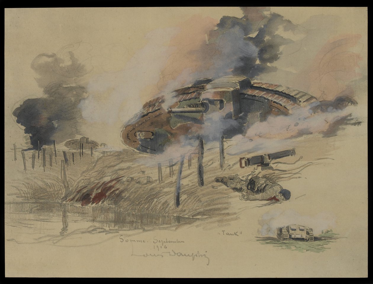 Tanque no Somme, setembro de 1916 (wc e lápis sobre papel) de Louis Dauphin