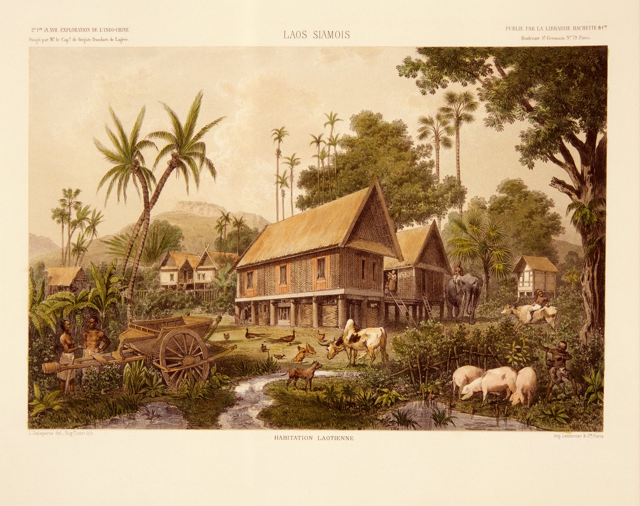 A Laos House, impressão feita por Eug. Ciceri, ilustração de &39;Uma viagem exploratória na Indochina durante os anos de 1866, 1867 e 1868&39; de Francis Garnier e Ernest Doudart de Lagree, publicada em 1873 (colou de Louis Delaporte