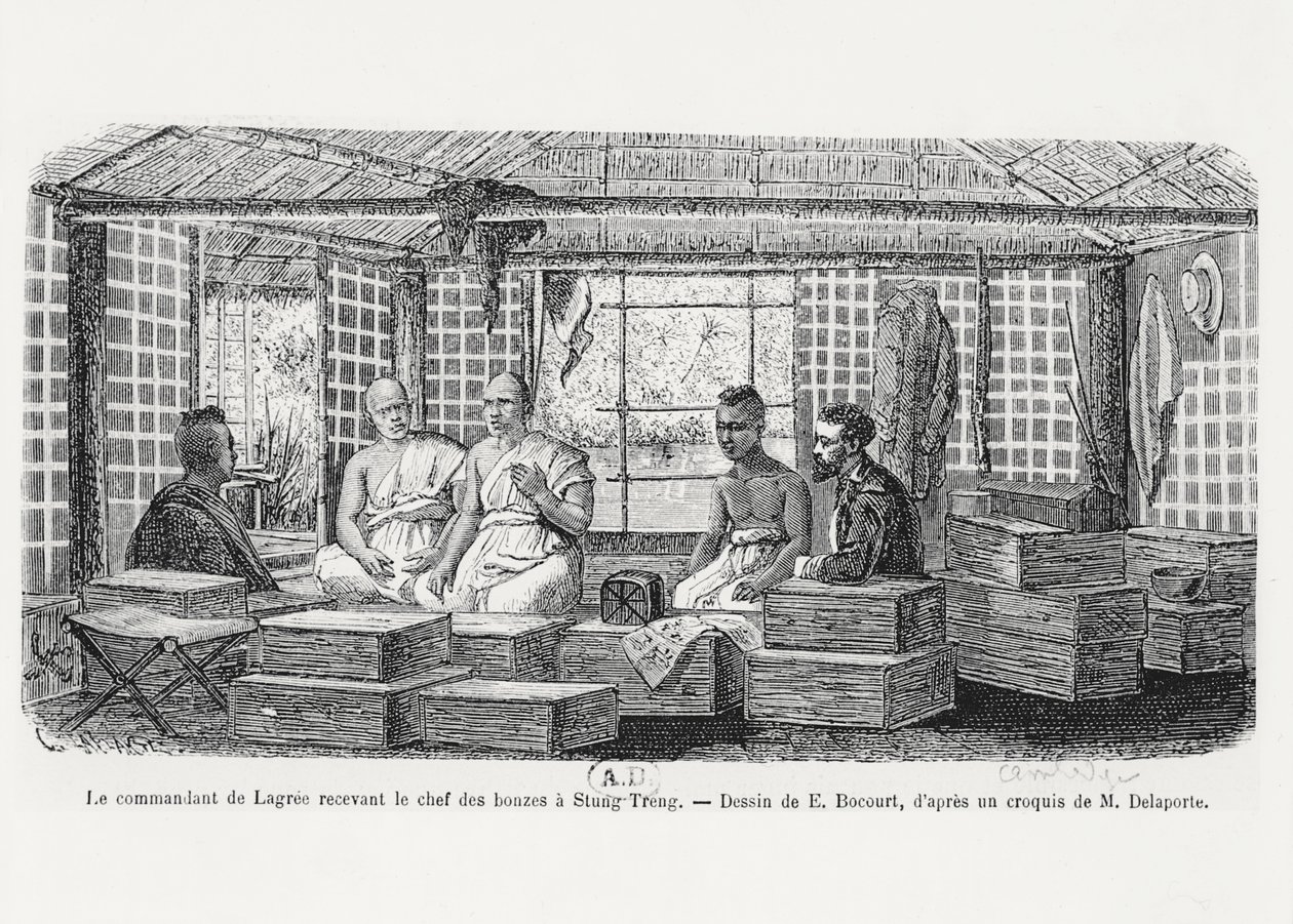 Comandante Lagree recebendo o chefe dos monges em Stung Treng, Camboja, 1868 de Louis Delaporte