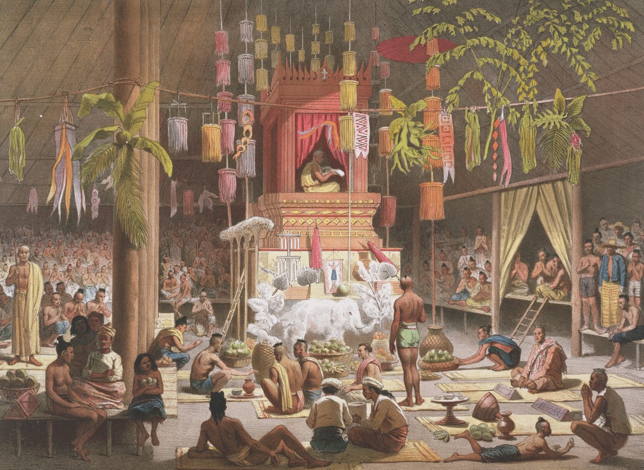 Festival em um pagode em Ngong Kair, Laos, de "Atlas da viagem de exploração indo-chinesa realizada durante os anos 1866, 1867 e 1868 por uma Comissão francesa", de Francis Garnier, gravada por de Louis Delaporte