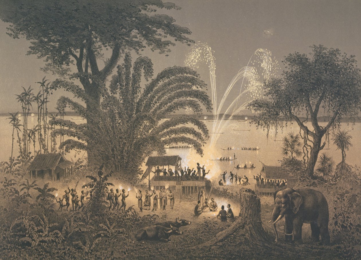 Fogos de artifício no rio em celebrações em Bassac, ilustração de &39;Atlas du Voyage d&39;Exploração de Indo-Chine&39; por Doudart de Lagree (1823-68), 1873 de Louis Delaporte
