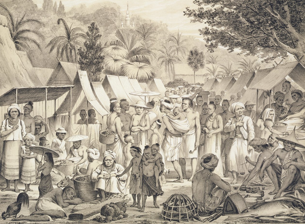 Mercado em Luang Prabang, Laos, ilustração de &39;Atlas da excursão de exploração Indo-China&39; por Doudart de Lagree (1823-68) 1873 de Louis Delaporte