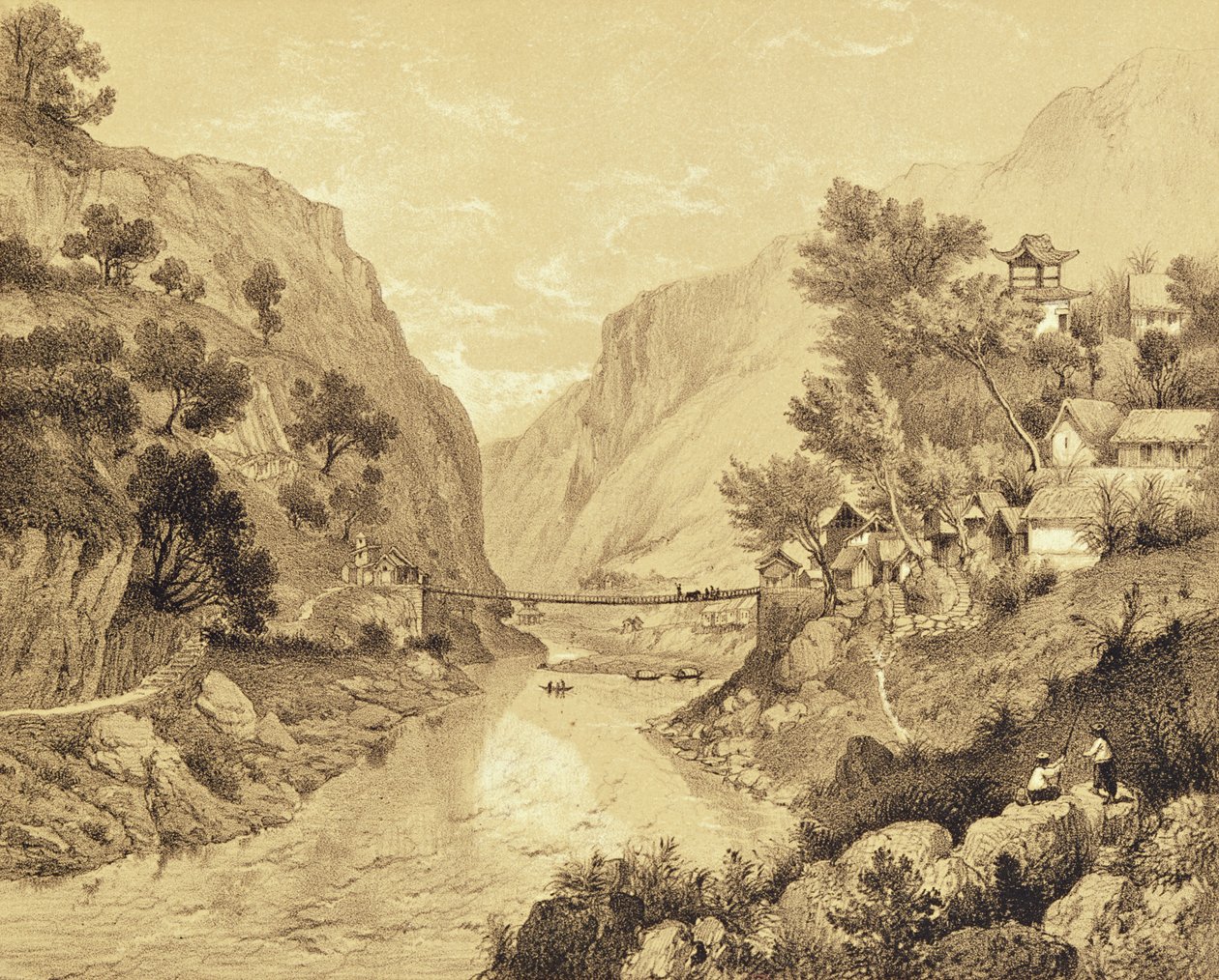 Ponte suspensa em Lao-Oua-Tan, placa 46, de &39;Exploration de l&39;Indochine, vol.II&39;, gravada por J. Laurens, impressa por Lemercier und Co, Paris, 1873 de Louis Delaporte