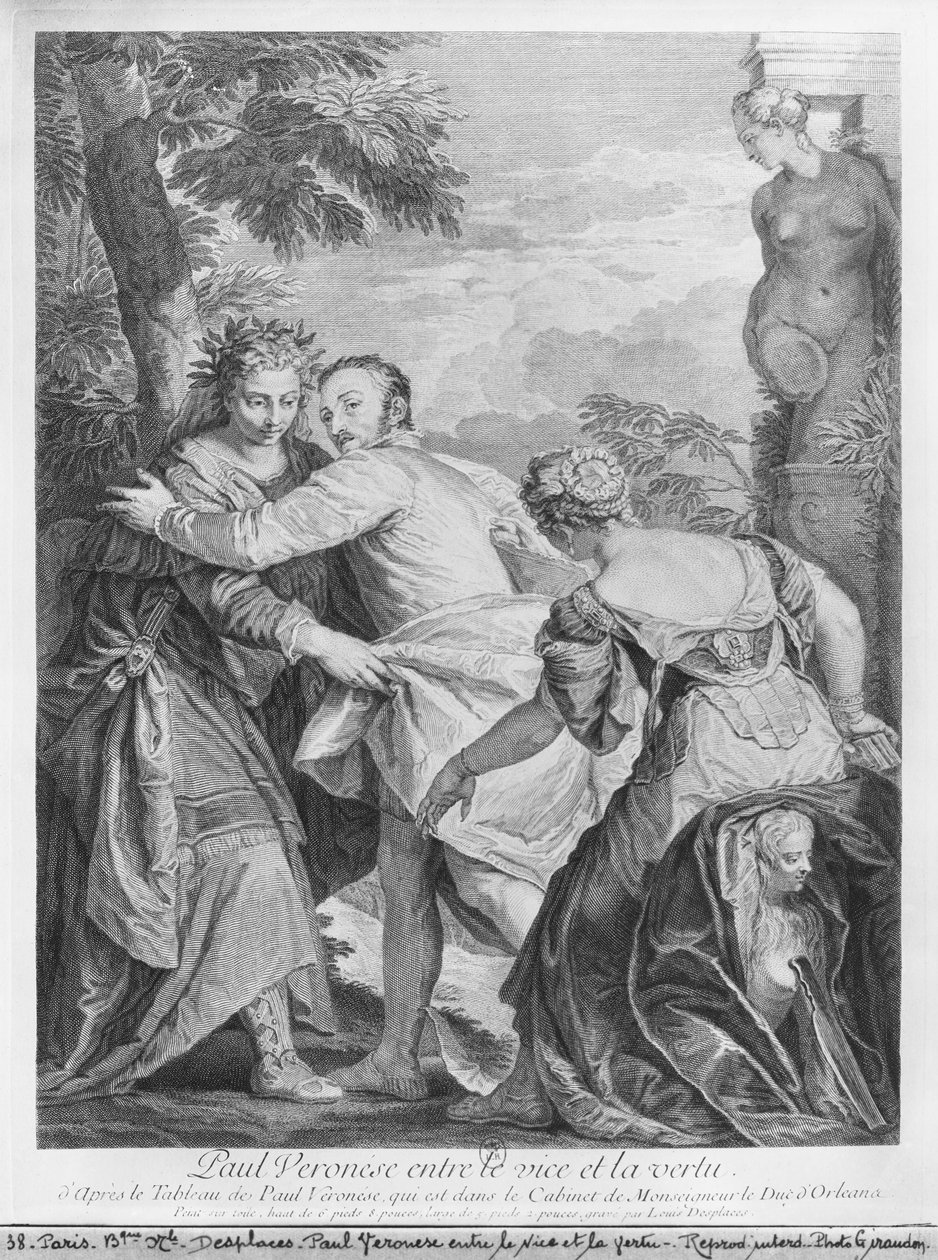 Veronese (Paolo Caliari) entre Vice e Virtude, da pintura do artista localizada no Gabinete de Monseigneur le Duc d&39;Orleans de Louis Desplaces