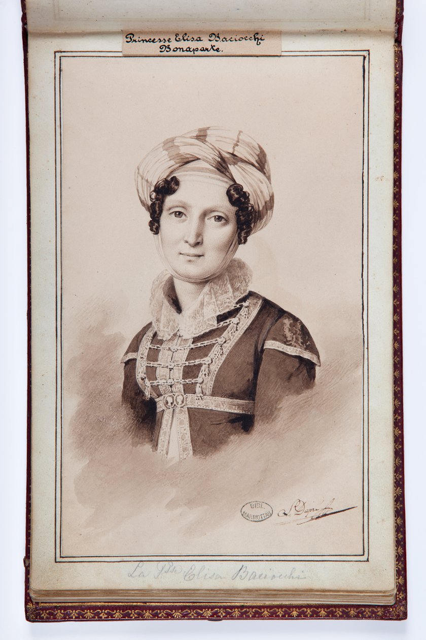 Retrato de Elisa Bonaparte, Princesa Baciocchi, ilustração do Pequeno Álbum de Elisa Bonaparte, c.1820 (caneta e tinta no papel) de Louis Dupré