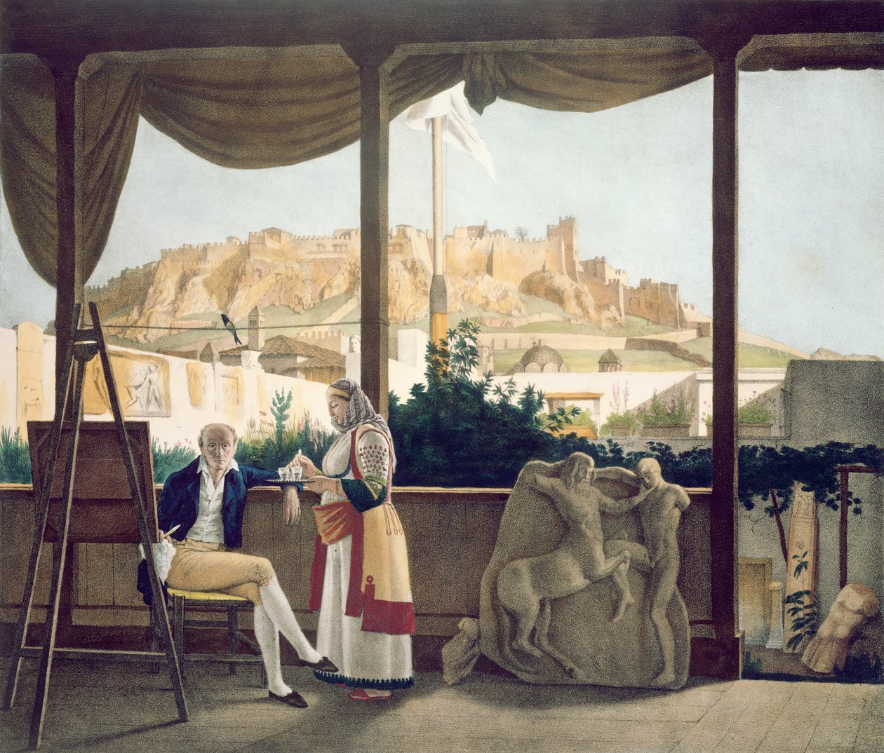 O cônsul francês, Monsieur Fauvel, no terraço de sua casa em Atenas, gravado pelos irmãos Thierry, em 1825 de Louis Dupré