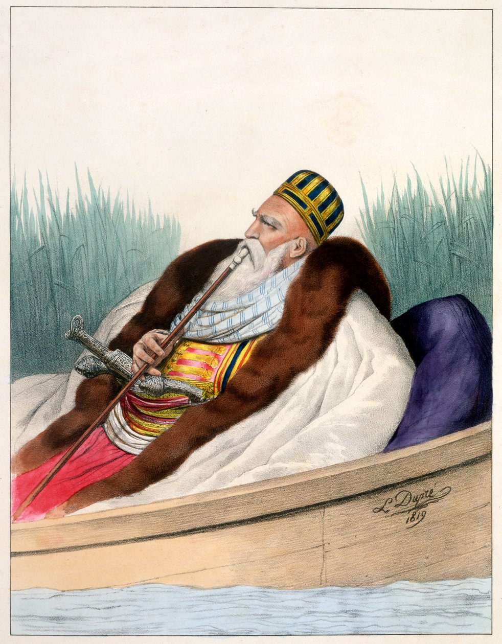 Ali Pasha de Janina em um barco no Lago Butrinte em 1819 - Placa VII, gravada por Lemercier de &39;Viagem a Atenas e Constantinopla&39;, escrita e ilustrada por Dupre, 1828 de Louis Dupré