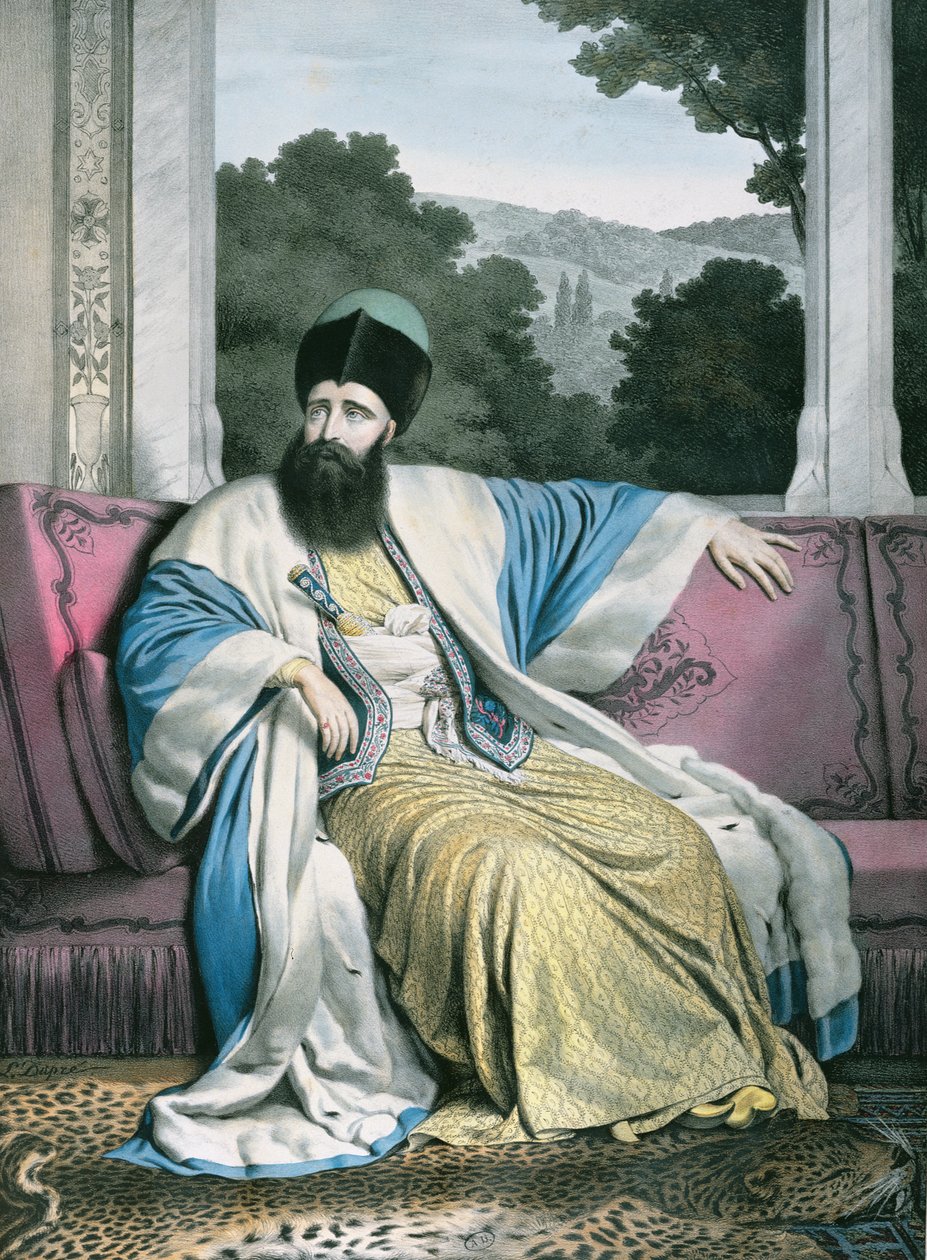 Michael Soutzo (Mihai Sutu), Príncipe da Moldávia 1819-21, gravado por Lemercier para &39;Viagem a Atenas e Constantinopla&39;, escrito e ilustrado por Dupre, 1828 de Louis Dupré
