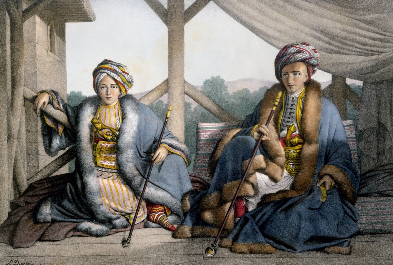 Pacha da Tessália, filho de Veli e Mehemet, filho mais novo Ali Cebelerr, Visir de Janina - Placa IV, obra de Lemercier de "Viagem à Atenas e à Constantinopla", escrita e ilustrada por Dupre de Louis Dupré
