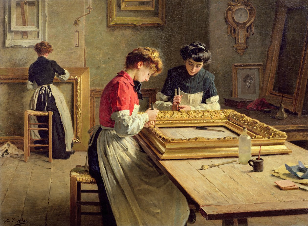 Interior de uma oficina de douramento de moldura de Louis Emile Adan