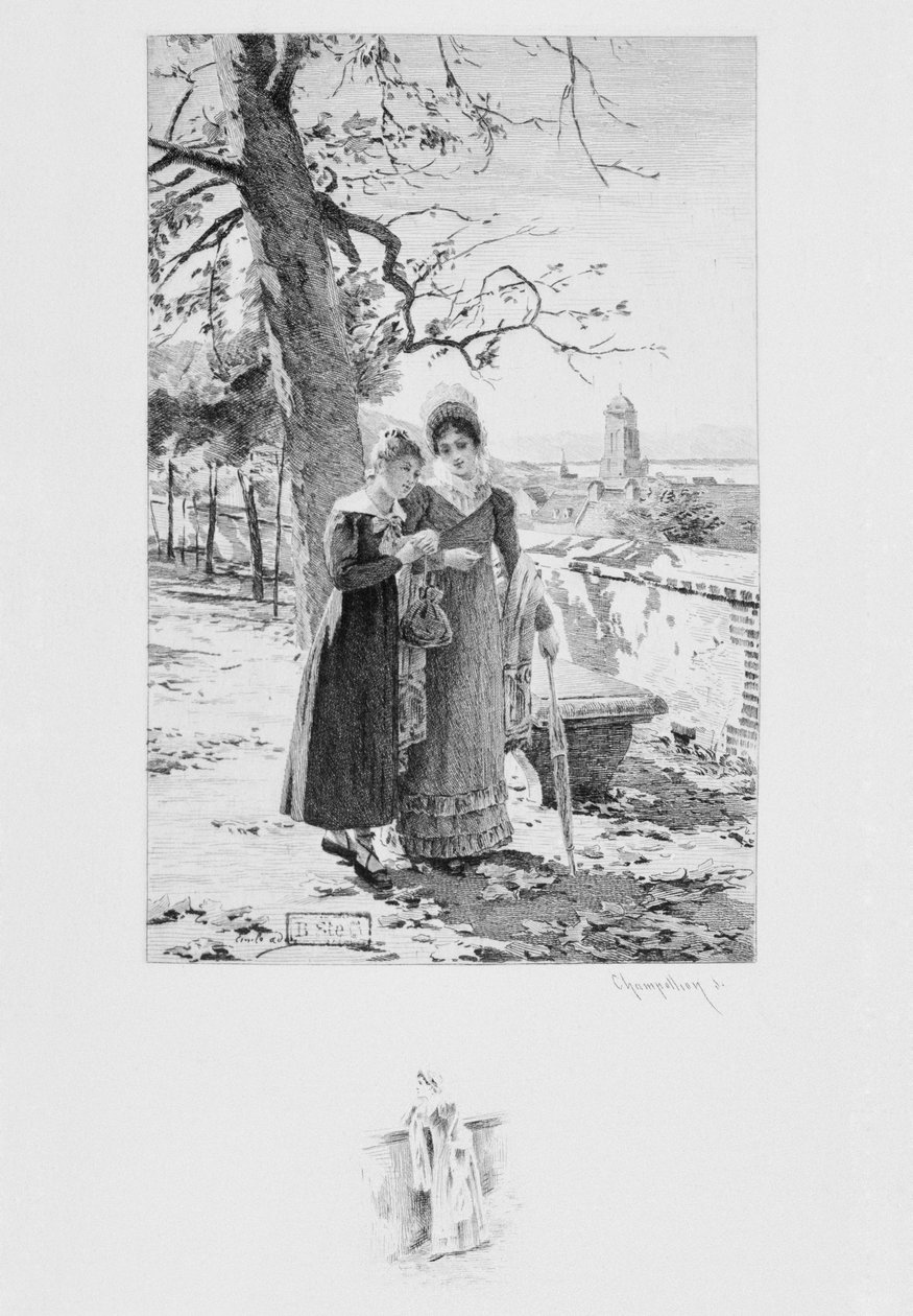 Madame Aubain e Felicite, ilustração de "Um coração simples", de Gustave Flaubert (1821-1880), publicada em 1894, gravada por Eugene André Champollion (1848-1901), Paris, Editora de Livreiros A. Ferroud (etchi de Louis Emile Adan