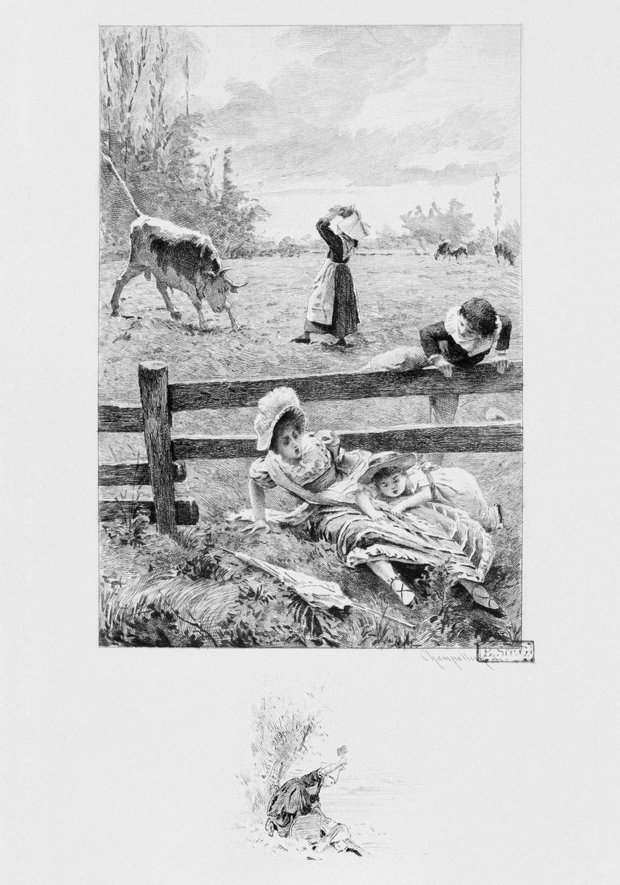 O criado Felicite e o touro, ilustração de "Um coração simples", de Gustave Flaubert (1821-1880), publicado em 1894, gravado por Eugene André Champollion (1848-1901) Paris, editor da Bookseller A. Ferroud de Louis Emile Adan