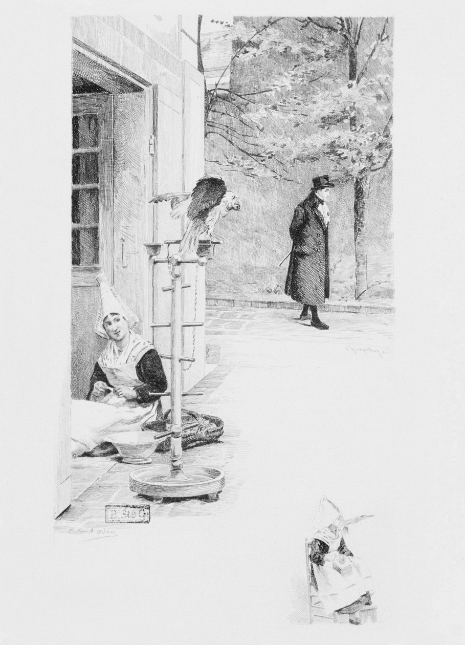 O criado Felicite e o papagaio Loulou, ilustração de "Um coração simples", de Gustave Flaubert (1821-1880), publicado em 1894, gravado por Eugene André Champollion (1848-1901), Paris, Publisherer Publisher A de Louis Emile Adan