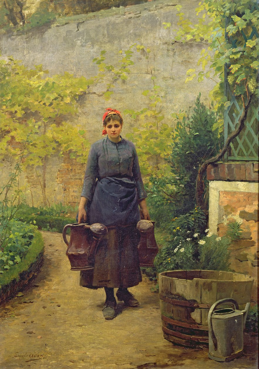 Mulher, com, regar, latas de Louis Emile Adan