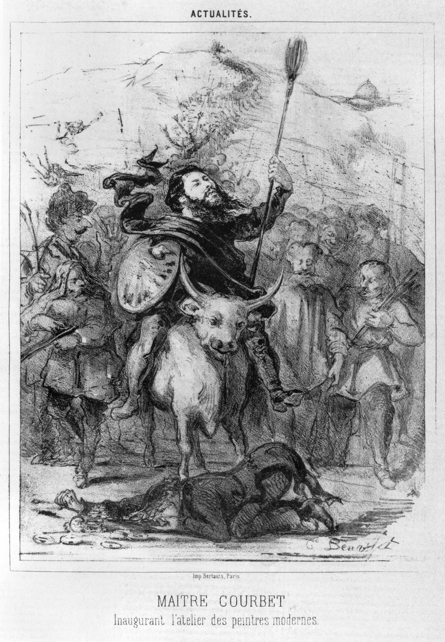 Maitre Courbet inaugurando a oficina de pintores modernos, caricatura deLe Boulevard, 1862 (foto bw) de Louis Emile Benassit