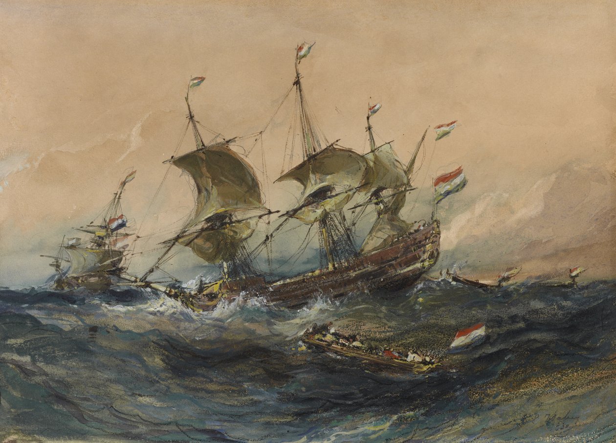 Navios holandeses em uma tempestade, 1839 (wc & guache em papel de wove) de Eugene Isabey