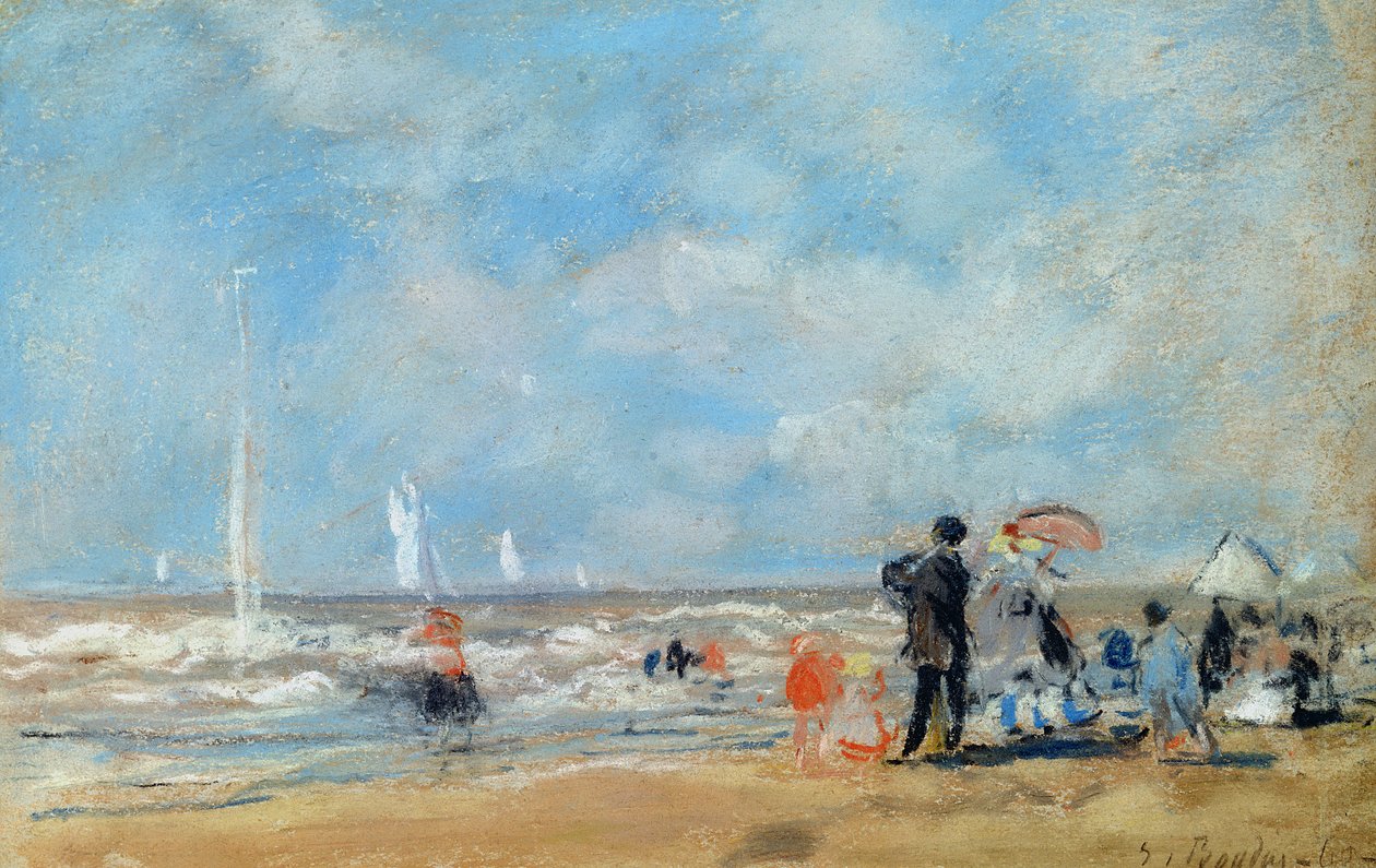 Na praia, 1863 (wc e pastel no papel) de Eugene Louis Boudin
