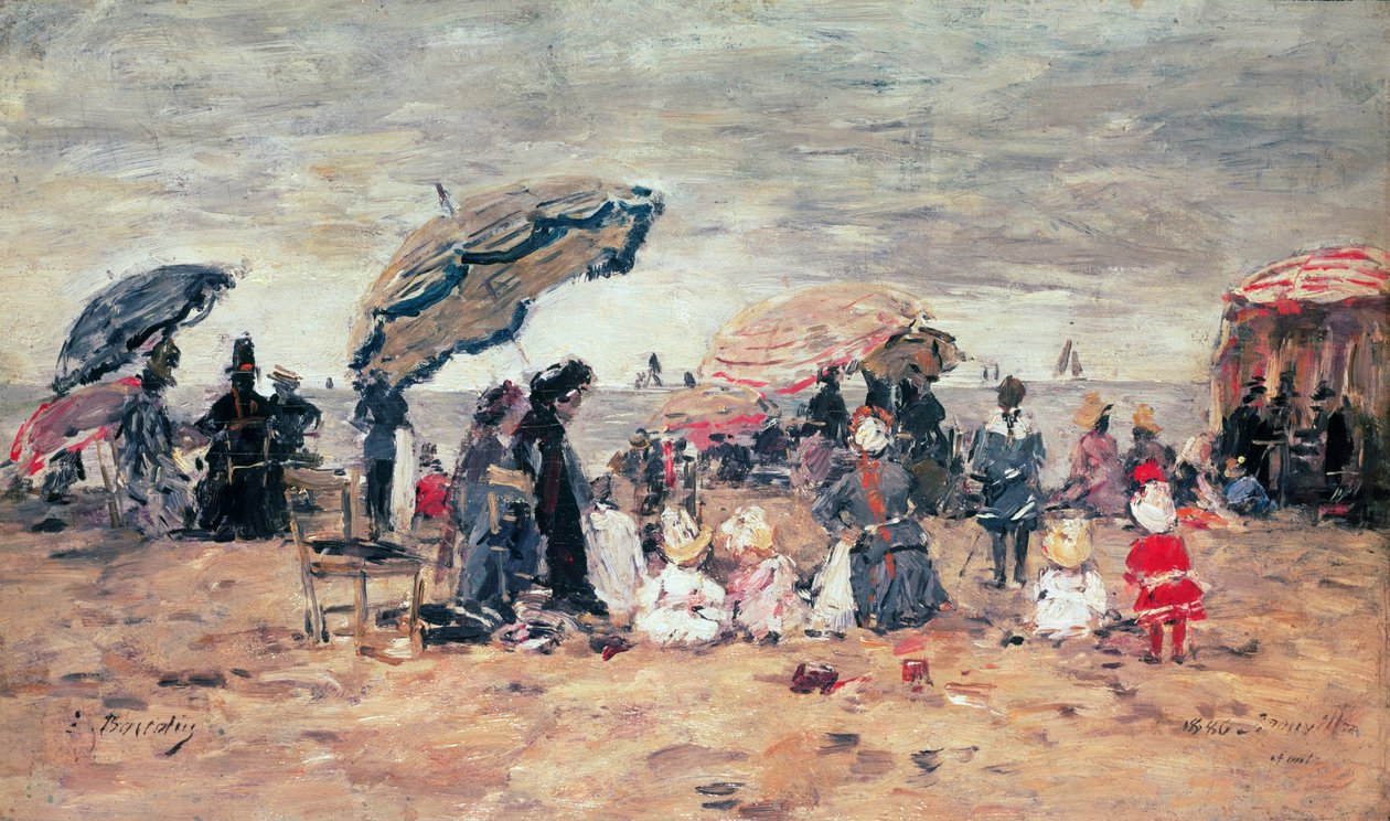 Guarda-sóis na praia, Trouville, 1886 (painel) de Eugene Louis Boudin