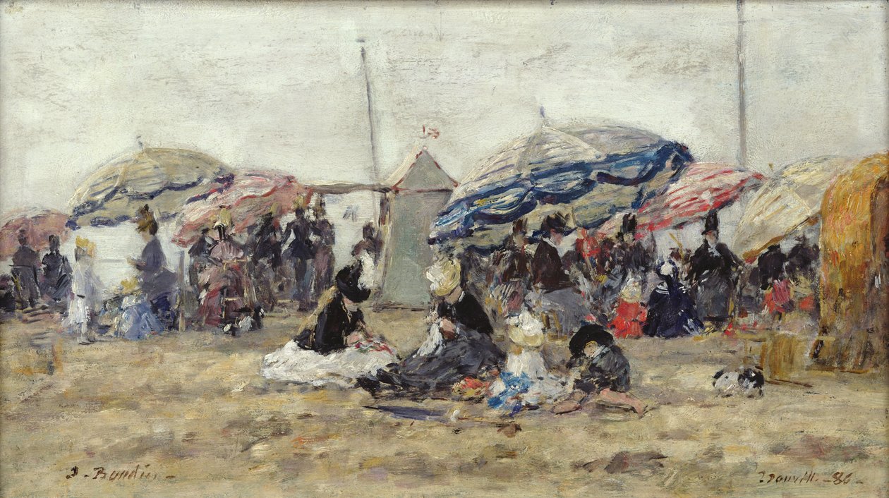 Guarda-sóis na praia de Trouville, 1886 (óleo sobre madeira) de Eugene Louis Boudin