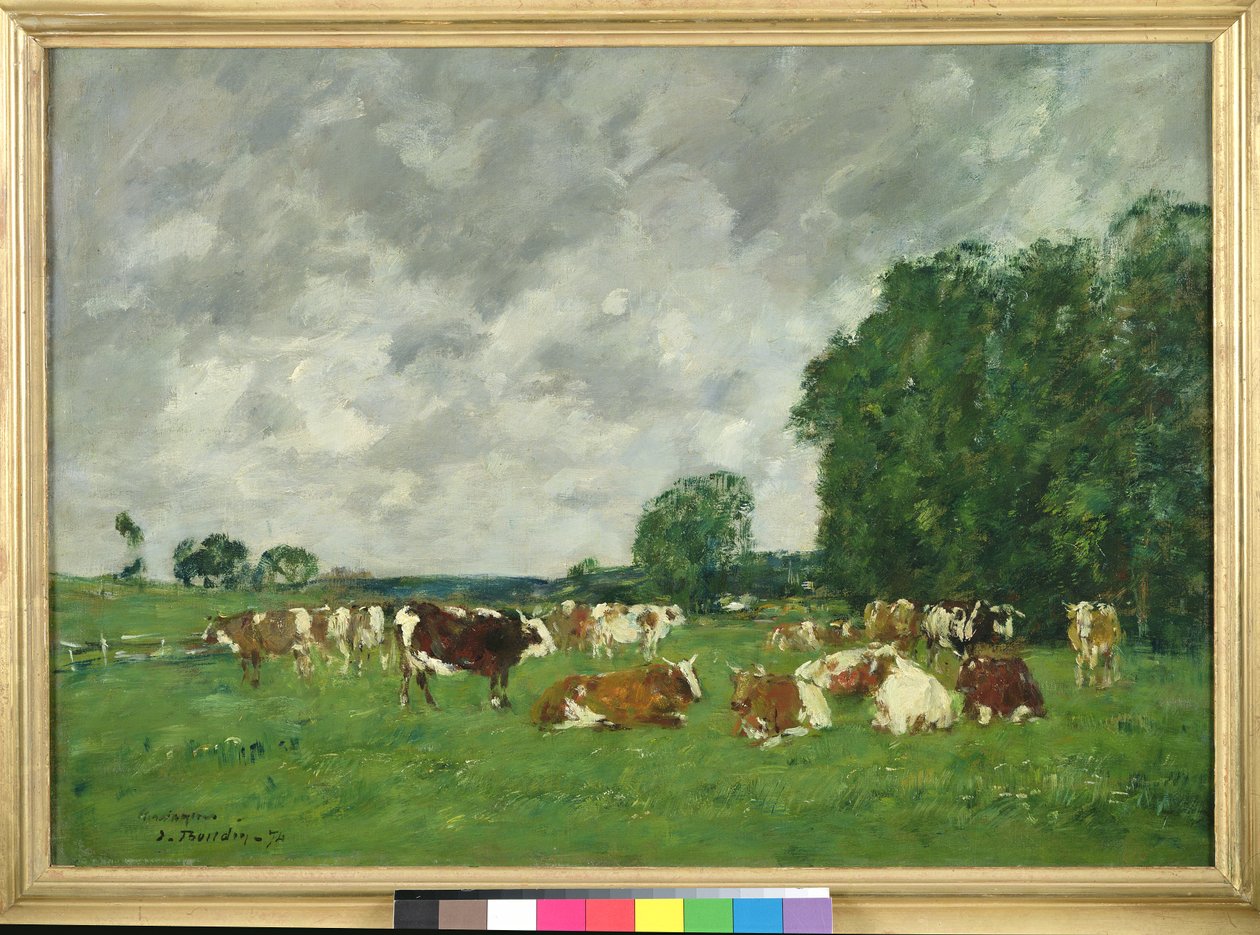 Pastagem em Fervaques ou, vacas em um pasto, 1874 de Eugene Louis Boudin