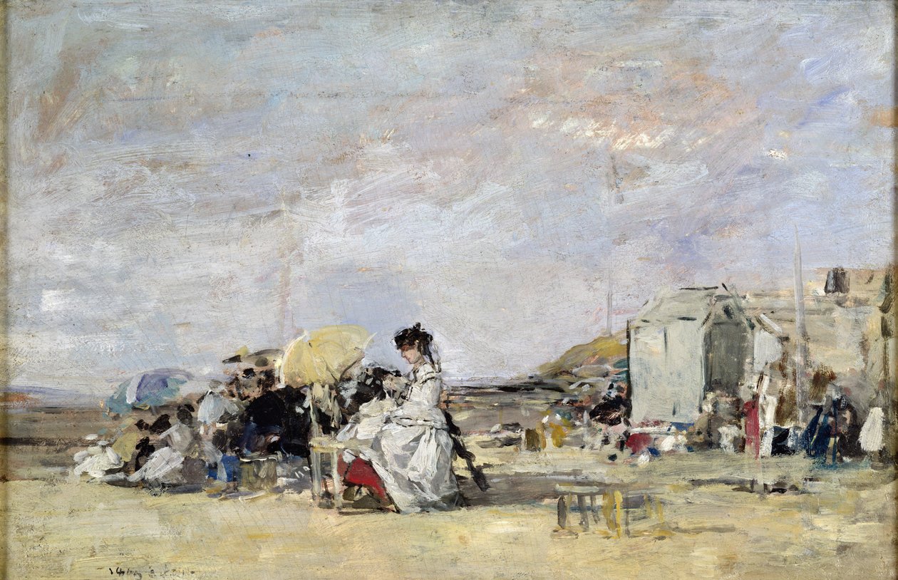 Mulher de branco na praia de Trouville, 1869 (óleo no cartão) de Eugene Louis Boudin