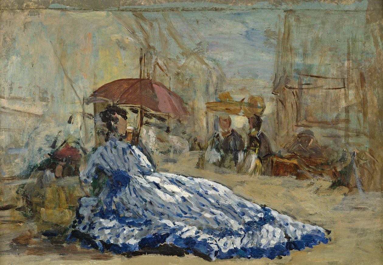 Mulher em um vestido azul sob um guarda-sol, c.1865 (óleo no cartão) de Eugene Louis Boudin