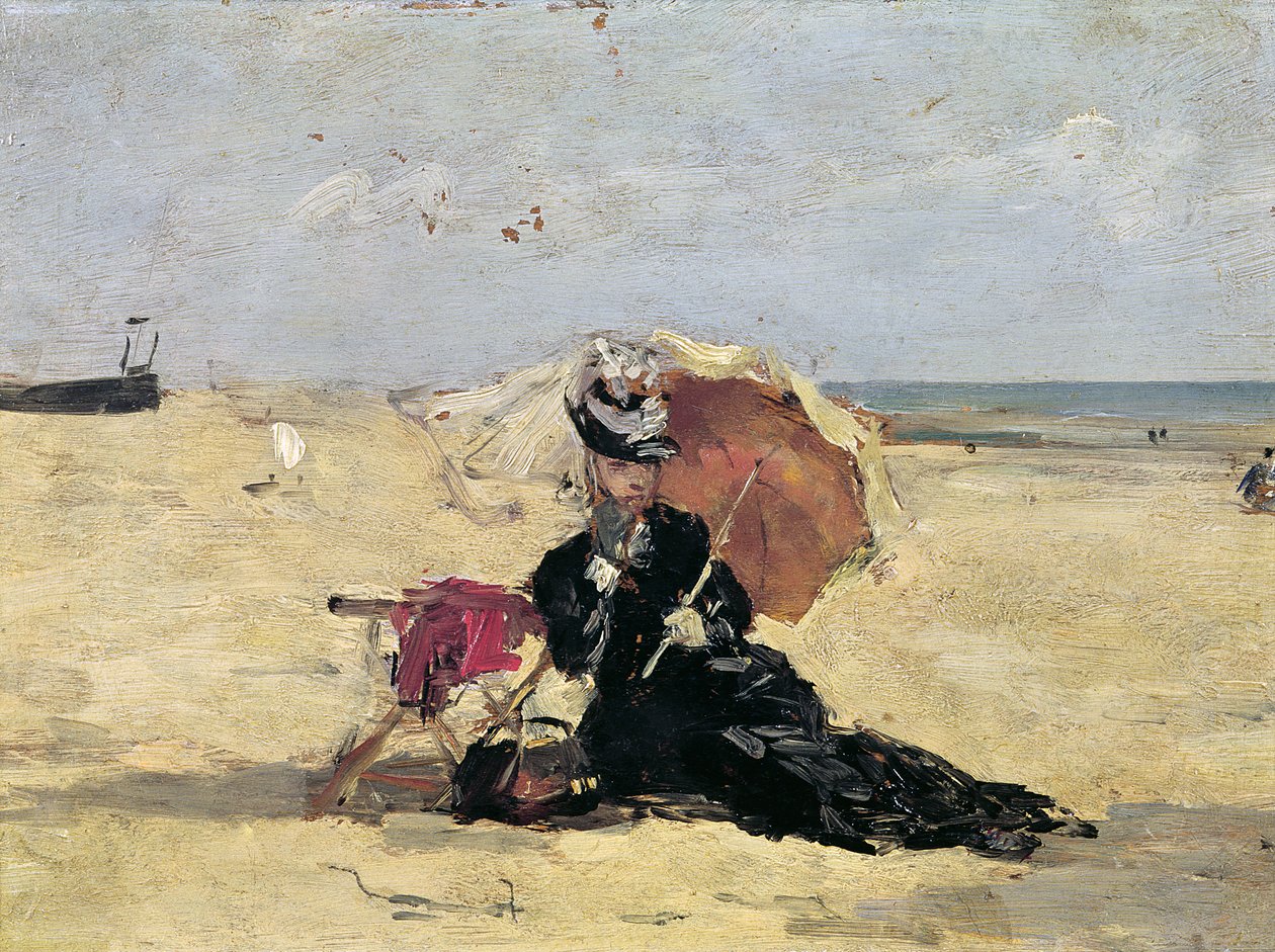 Mulher com um guarda-sol na praia, 1880 de Eugene Louis Boudin