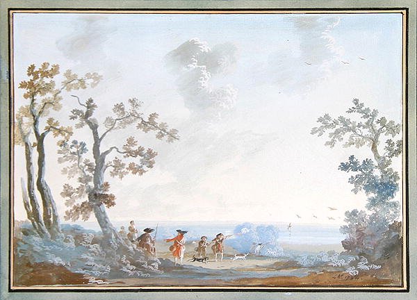 Huntsmen em uma paisagem: um conjunto de pingentes, 1784 (ver 309376 para par) de Louis Gabriel Moreau