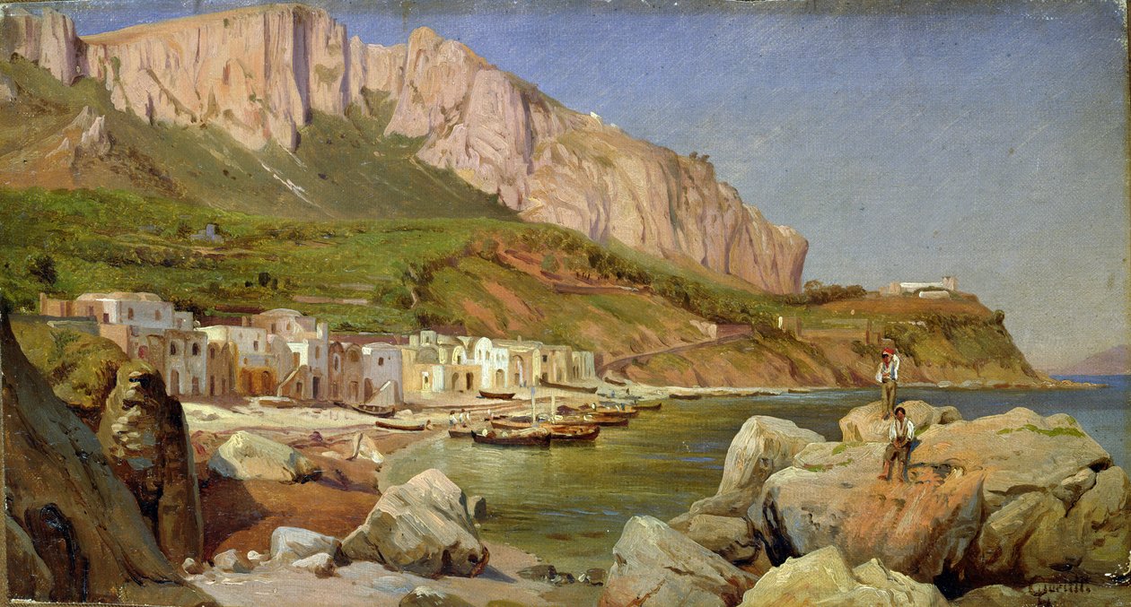 Uma vila de pescadores em Capri (óleo sobre papel sobre tela) de Louis Gurlitt
