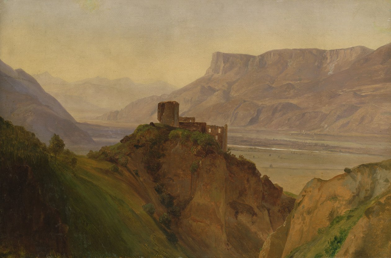A ruína Brunnenburg com o Vale do Adige, 1838 (óleo sobre papel em madeira) de Louis Gurlitt