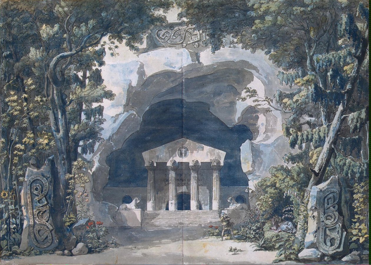 Cenário Esboço para a ópera &39;Frigga&39;, 1787 (caneta e nanquim com wc no papel) de Louis Jean Desprez