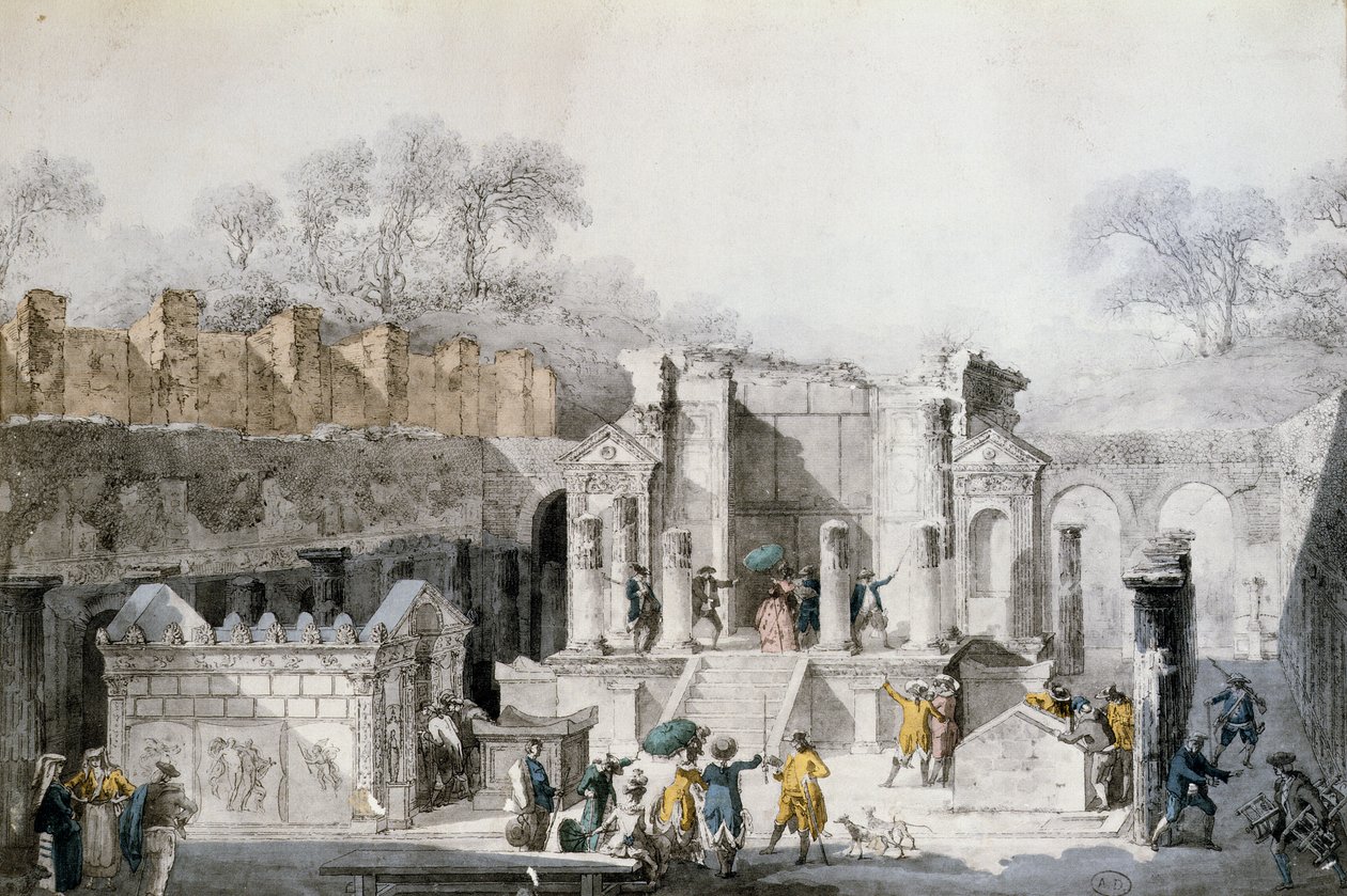 Turistas no templo de Isis nas ruínas de Pompéia, 1779 (gravura de cor) de Louis Jean Desprez