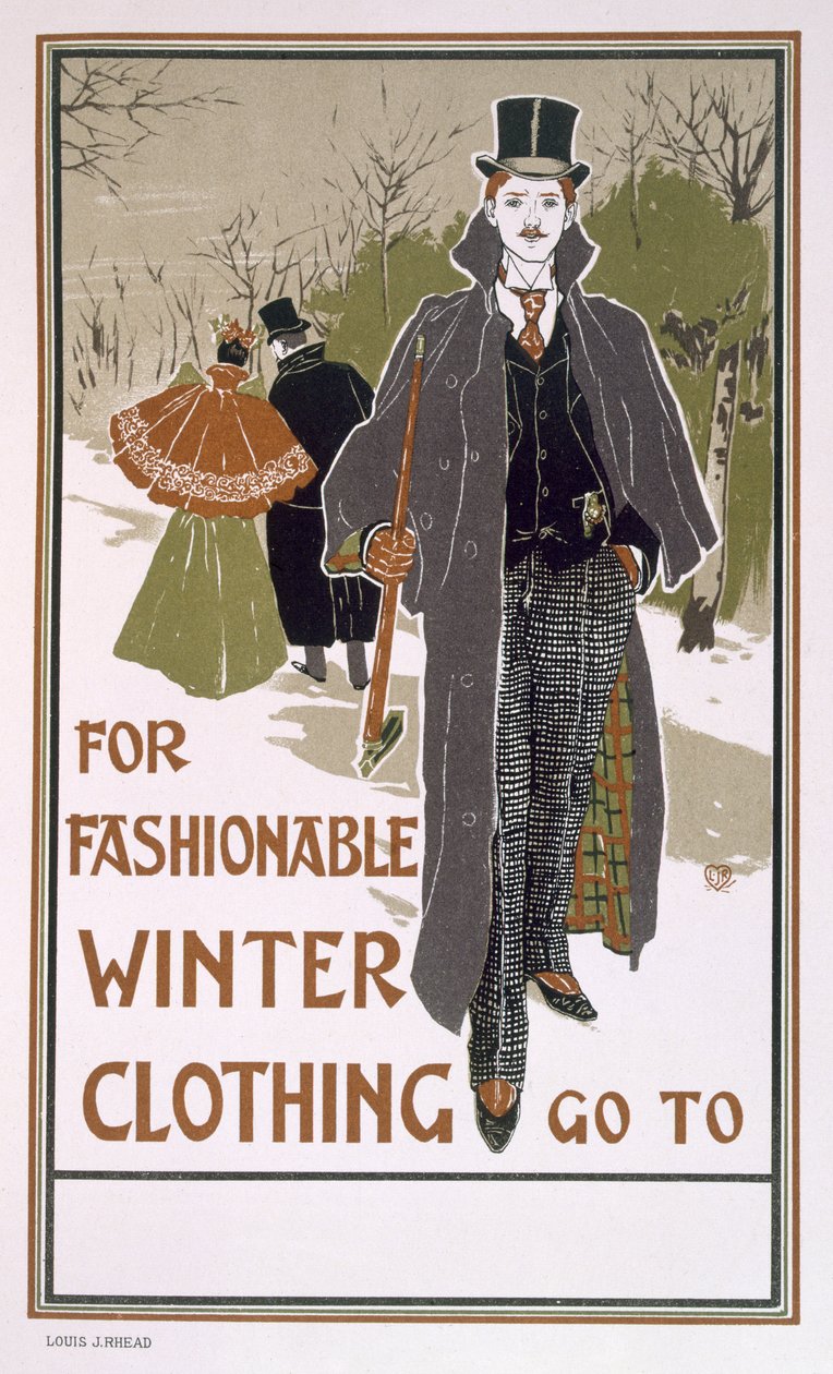 Projeto de cartazes de rascunho para uma empresa de roupas de inverno de Louis John Rhead