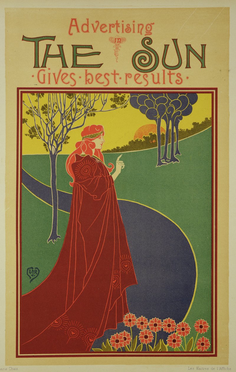 Reprodução de um cartaz publicitário &39;The Sun&39;, um jornal americano de Louis John Rhead