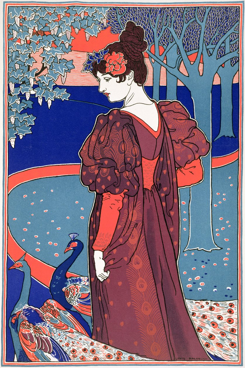 Mulher com Pavões, de &39;L&39;Estampe Moderne&39;, publicou Paris entre 1897 e 1999 de Louis John Rhead