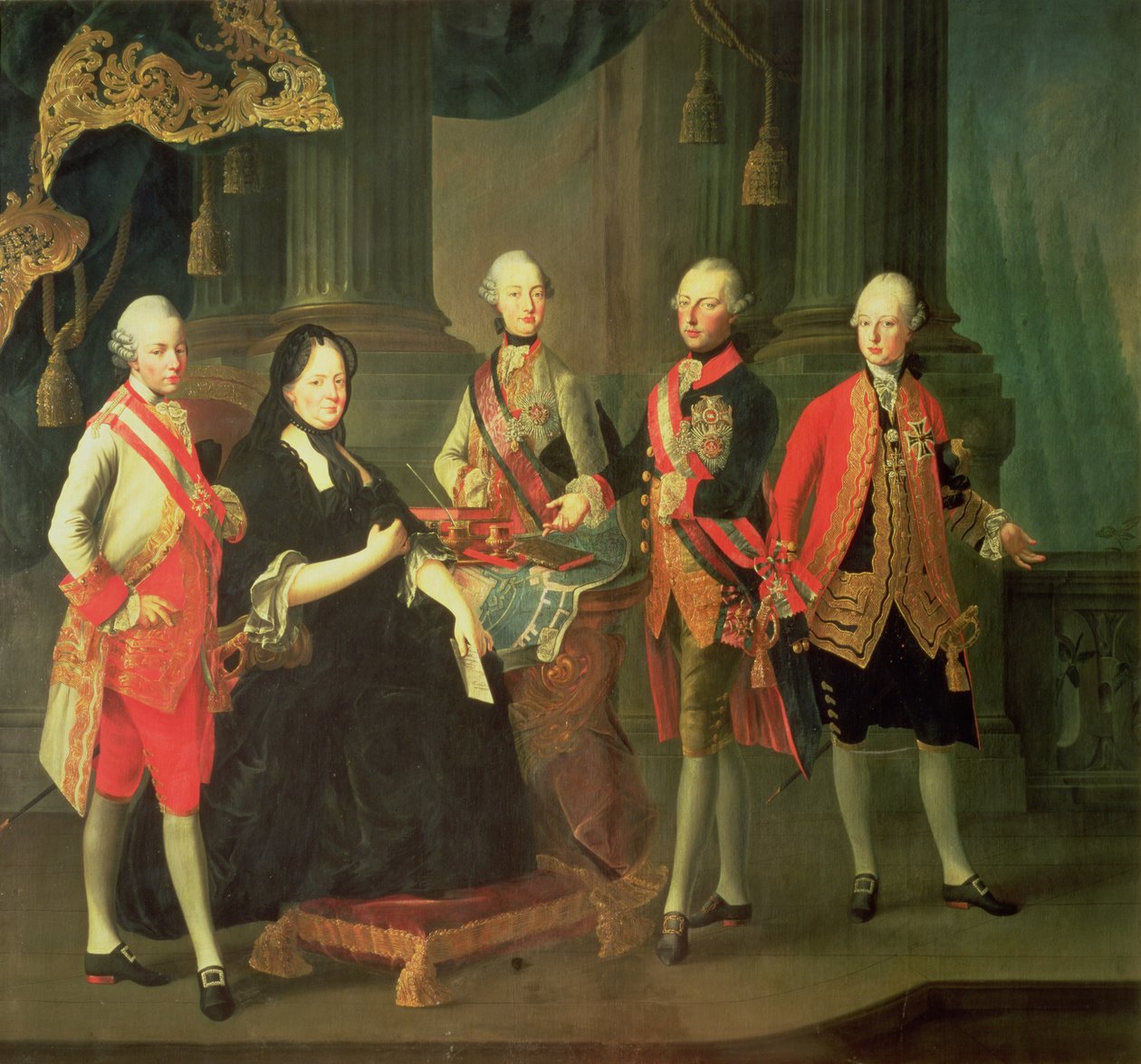 Imperatriz Maria Teresa da Áustria (1717-80) com quatro de seus filhos; (LR) Joseph (1741-1790), Ferdinand (1754-1806), Leopold (1747-92) e Maximiliano (1756-1801) de Louis Joseph Maurice