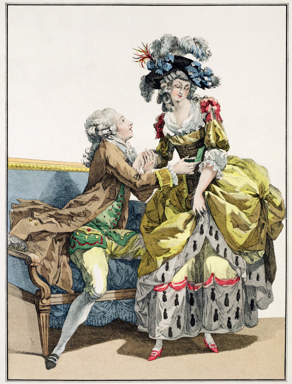 Cavalheiro elegante, propondo a uma senhora em um vestido de estilo &39;Marguerite&39; e um chapéu &39;a la Henri IV&39;, prato de &39;Galerie des Modes et trajes Francais&39;, gravada por Dupin, 1778 de Francois Louis Joseph Watteau