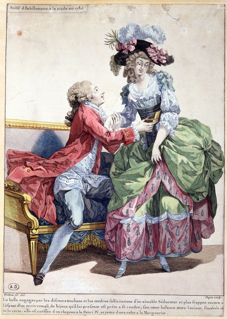 Placa de moda de 1785 (gravura a cores) de Francois Louis Joseph Watteau