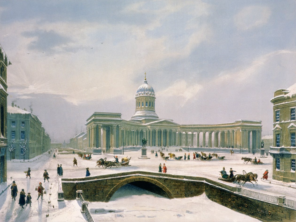 Catedral de Kazan, São Petersburgo, imprimida por Lemercier, Paris, 1840 (cor litho) de Louis Jules Arnout