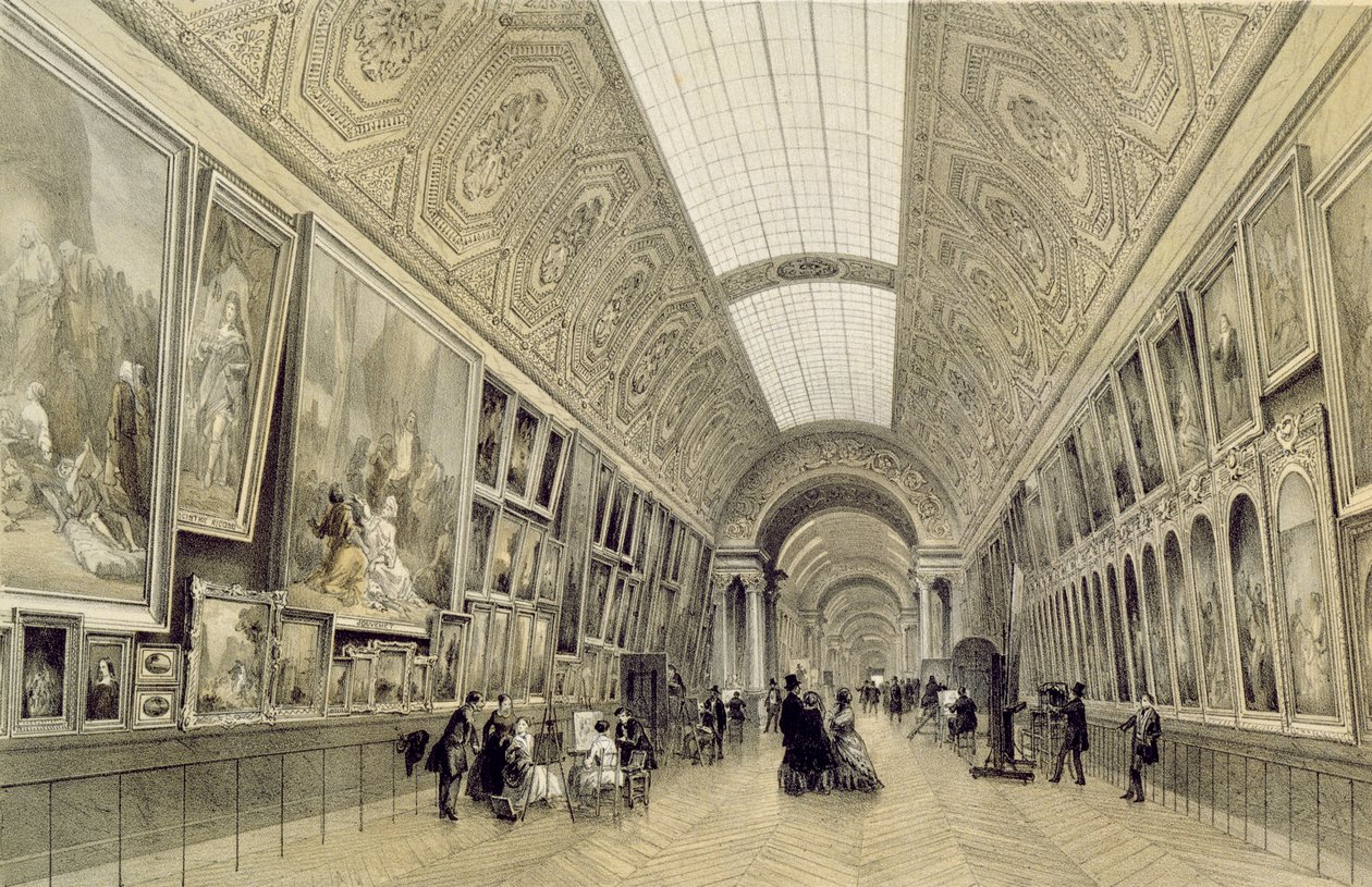 Vista da grande galeria no Louvre, c.1850-70 de Louis Jules Arnout
