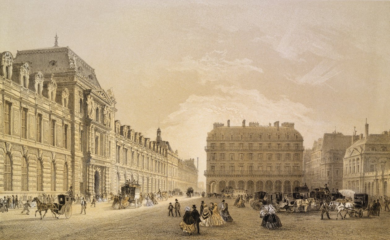 Vista da fachada do Louvre, a Rue de Rivoli e do Palais Royal, 1855 de Louis Jules Arnout