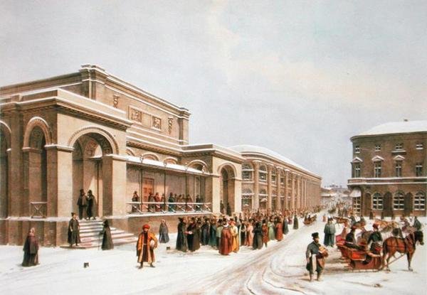 A Nova Bolsa de Valores e o Arcade em Moscou, impressa por Lemercier, Paris, 1840 de Louis Jules after Arnout
