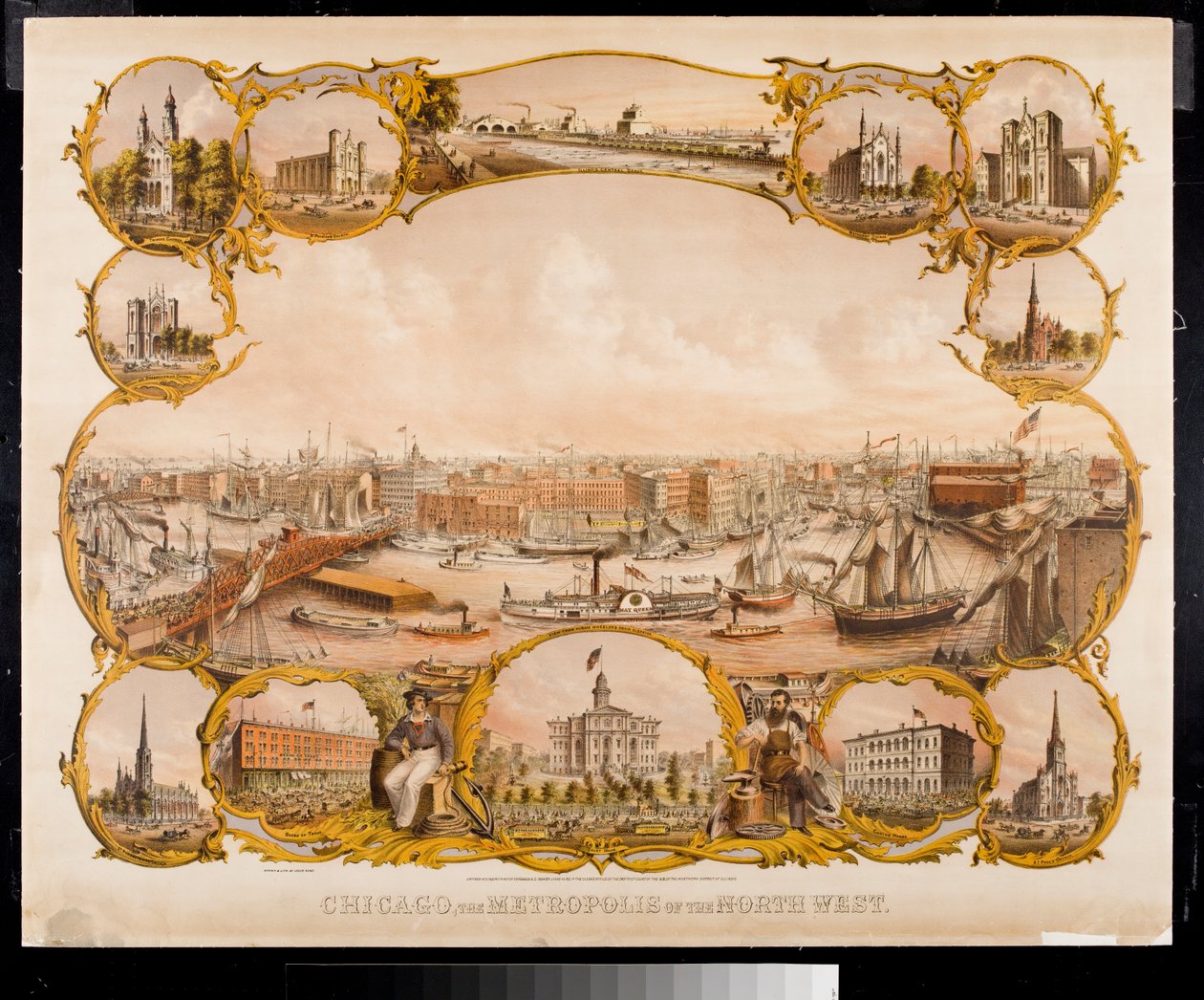 Litografia de Chicago com edifícios de referência, 1864 de Louis Kurtz